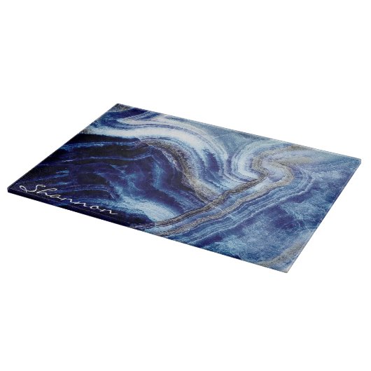 Agate Navy Blauer Marmorhintergrund mit Namen Schneidebrett (Ecke)