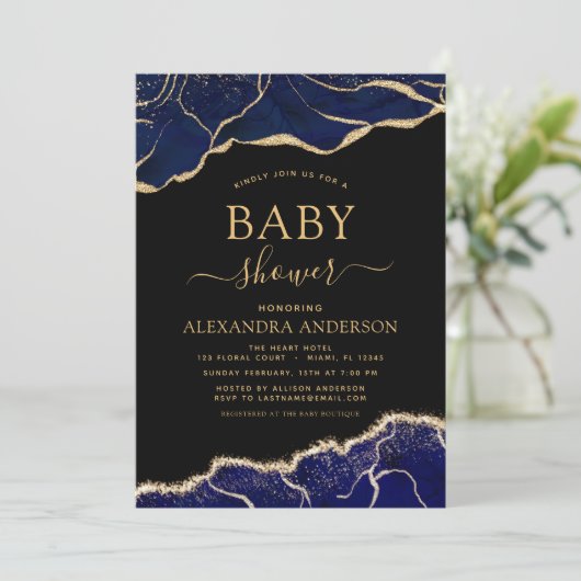 Agate Navy Blue Gold Baby Dusche Einladung (Stehend Vorderseite)
