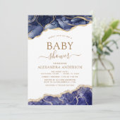 Agate Navy Blue Gold Baby Dusche Einladung (Stehend Vorderseite)