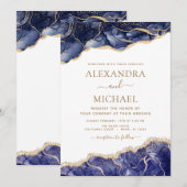 Agate Navy Blue Gold Blue Wedding Einladung (Vorne/Hinten)
