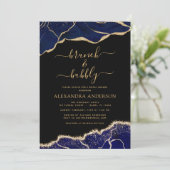 Agate Navy Blue Gold Brunch & Bubbly Brautparty Einladung (Stehend Vorderseite)