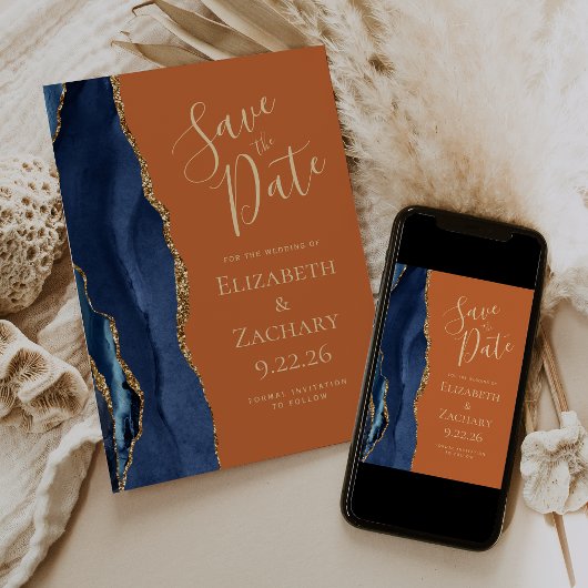 Agate Navy Blue Gold Burnt Orange Save the Date Einladung