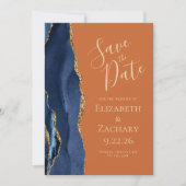 Agate Navy Blue Gold Burnt Orange Save the Date Einladung (Vorderseite)