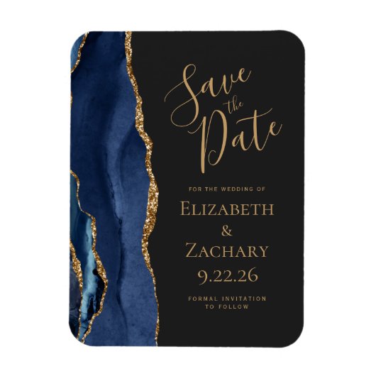 Agate Navy Blue Gold Dark Save the Date Magnet (Vertikal)