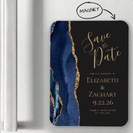 Agate Navy Blue Gold Dark Save the Date Magnet