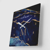 Agate Navy Blue Gold Edelstein Marmor Ihr Name Quadratische Wanduhr (Winkel)