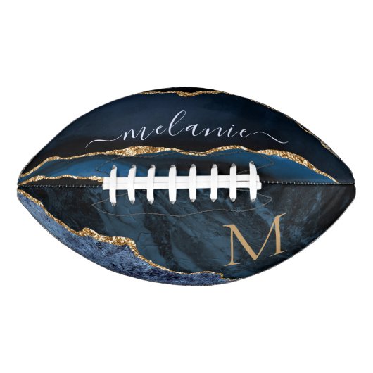Agate Navy Blue Gold Edelstein Marmormonogramm Football (Vorderseite)