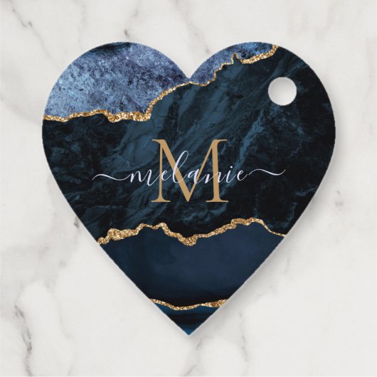 Agate Navy Blue Gold Edelstein Marmormonogramm Geschenkanhänger (Rückseite)