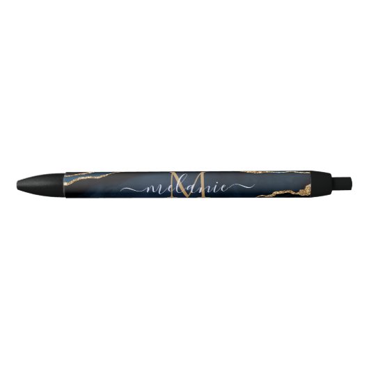 Agate Navy Blue Gold Edelstein Marmormonogramm Pen Kugelschreiber (Vorderseite)