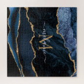 Agate Navy Blue Gold Edelstein Marmormonogramm Puzzle (Horizontal)