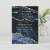 Agate Navy Blue Gold Gemstone Hochzeitseinladung (Stehend Vorderseite)