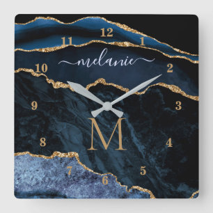 Agate Navy Blue Gold Gemstone Marble Custom Name Quadratische Wanduhr