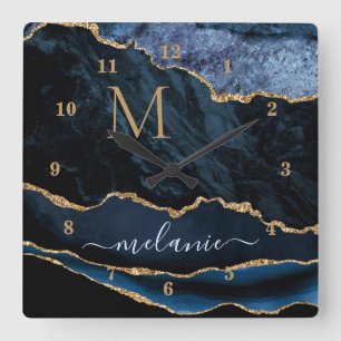 Agate Navy Blue Gold Gemstone Marble Monogram Quadratische Wanduhr