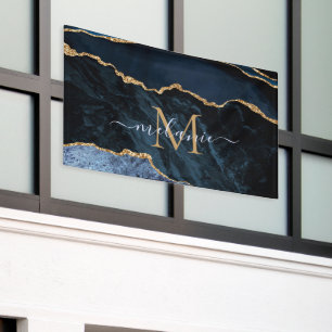 Agate Navy Blue Gold Gemstone Marmormonogramm Name Banner