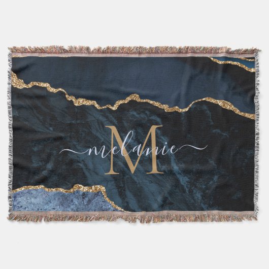 Agate Navy Blue Gold Gemstone Marmormonogramm Name Decke (Vorderseite)