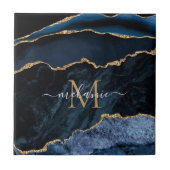 Agate Navy Blue Gold Gemstone Marmormonogramm Name Fliese (Vorderseite)