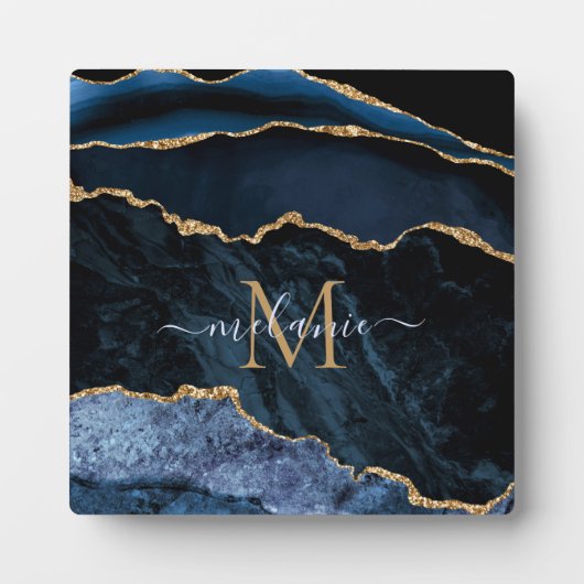 Agate Navy Blue Gold Gemstone Marmormonogramm Name Fotoplatte (Vorderseite)