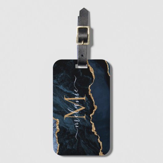 Agate Navy Blue Gold Gemstone Marmormonogramm Name Gepäckanhänger (Vorderseite Vertikal)