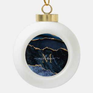 Agate Navy Blue Gold Gemstone Marmormonogramm Name Keramik Kugel-Ornament