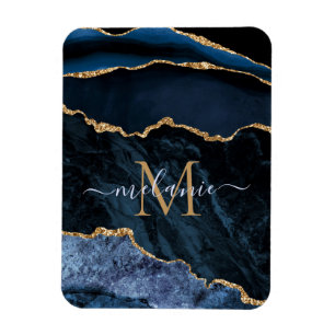 Agate Navy Blue Gold Gemstone Marmormonogramm Name Magnet