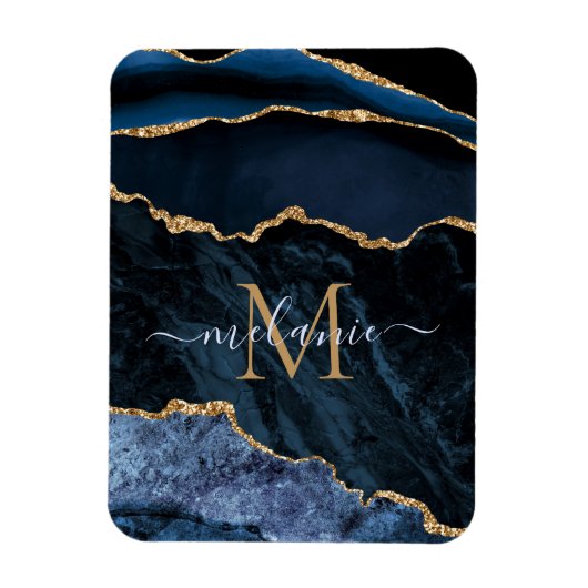 Agate Navy Blue Gold Gemstone Marmormonogramm Name Magnet (Vertikal)