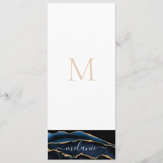 Agate Navy Blue Gold Gemstone Marmormonogramm Name Menükarte (Vorderseite)
