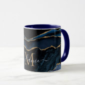 Agate Navy Blue Gold Gemstone Marmormonogramm Name Tasse (VorderseiteRechts)