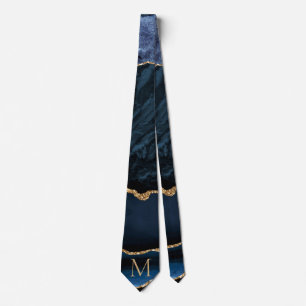 Agate Navy Blue Gold Gemstone Monogram Neck Tie Krawatte
