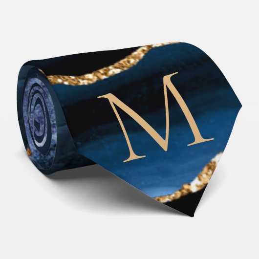 Agate Navy Blue Gold Gemstone Monogram Neck Tie Krawatte (Gerollt)