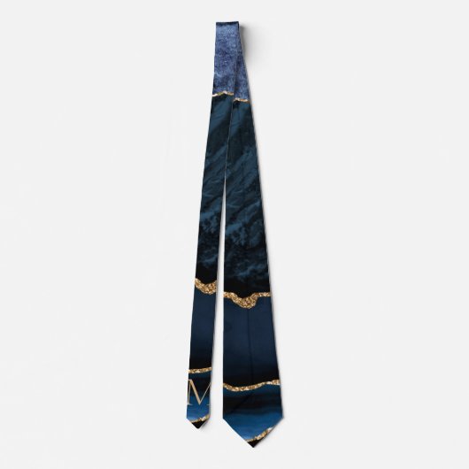Agate Navy Blue Gold Gemstone Monogram Neck Tie Krawatte (Rückseite)