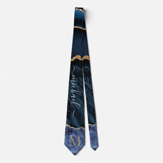 Agate Navy Blue Gold Gemstone Neck Tie - Monogram Krawatte (Vorderseite)