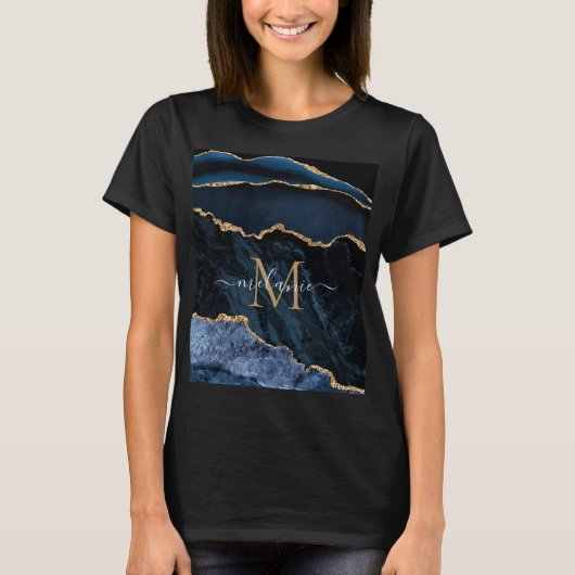 Agate Navy Blue Gold Gemstone T - Shirt - Monogram (Vorderseite)