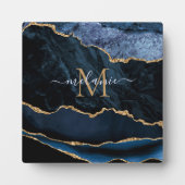 Agate Navy Blue Gold Glitzer Geode Monogram Plaque Fotoplatte (Vorderseite)