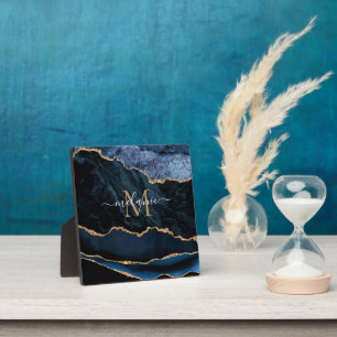 Agate Navy Blue Gold Glitzer Geode Monogram Plaque Fotoplatte