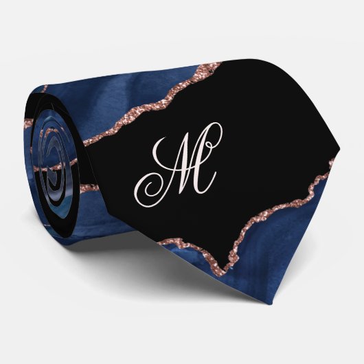 Agate Navy Blue Gold Glitzer Luxus Monogram Krawatte (Gerollt)