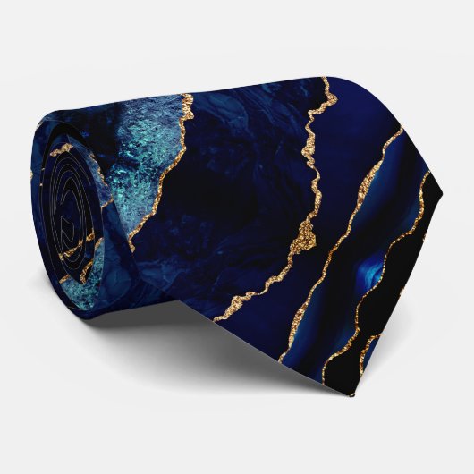 Agate Navy Blue Gold Glitzer Marble Neck Tie Krawatte (Gerollt)