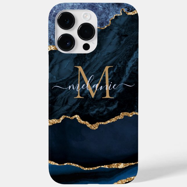 Agate Navy Blue Gold Glitzer Marmorieren Sie Ihren Case-Mate iPhone 14 Pro Max Hülle (Back)