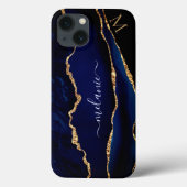 Agate Navy Blue Gold Glitzer Monogram iPhone Case (Rückseite)
