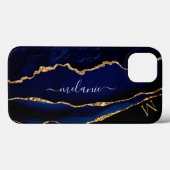 Agate Navy Blue Gold Glitzer Monogram iPhone Case (Rückseite (Horizontal))