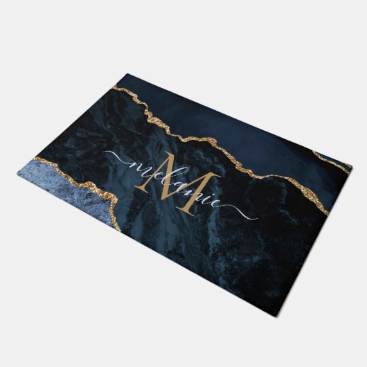 Agate Navy Blue Gold Glitzer Name Monogram Doormat Fußmatte (Schrägansicht)