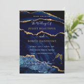 Agate Navy Blue Gold Hochzeitskarte (Stehend Vorderseite)