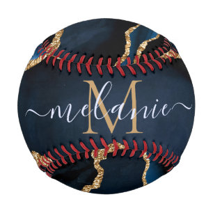 Agate Navy Blue Gold Individuelle Name Letter Base Baseball