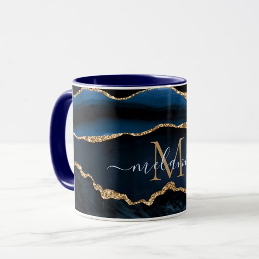 Agate Navy Blue Gold Marble Individuelle Name Tass Tasse (Vorderseite Links)
