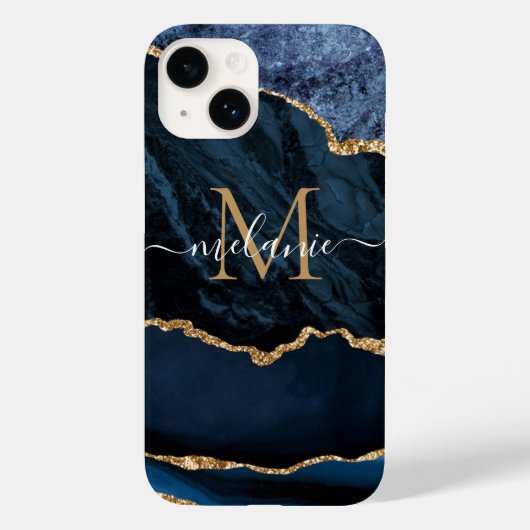Agate Navy Blue Gold Marmor Ihr Name Letter Gesche Case-Mate iPhone Hülle (Rückseite)