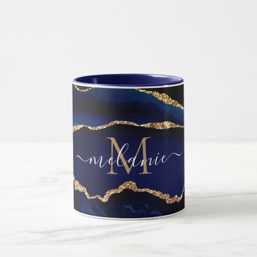Agate Navy Blue Gold Marmor Ihr Name Letter Tasse (Zentrum)