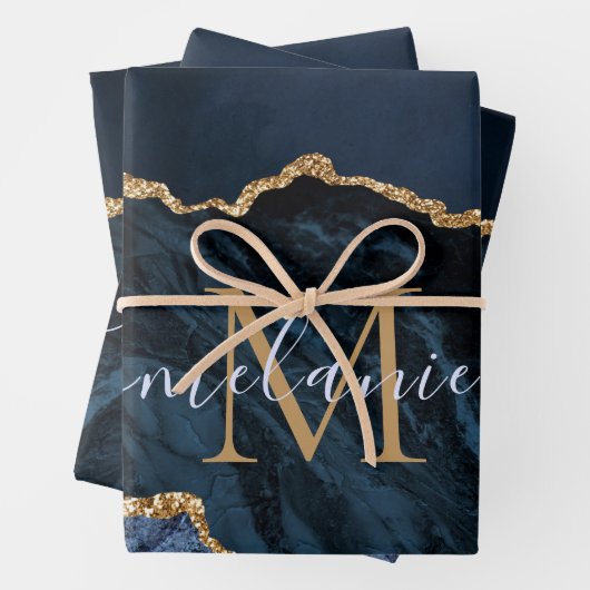 Agate Navy Blue Gold Marmor Individuelle Name und Geschenkpapier Set (Beispiel)