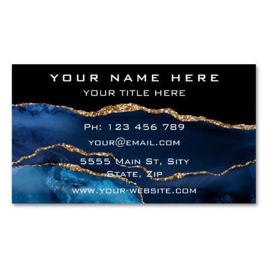 Agate Navy Blue Gold Marmor Magnetic Business Card Magnetische Visitenkarte (Vorderseite)