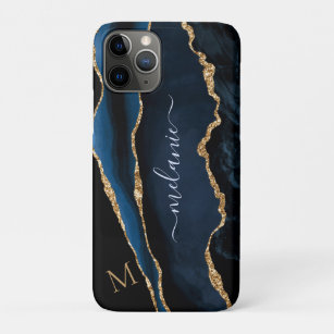 Agate Navy Blue Gold Marmor Monogram iPhone Case