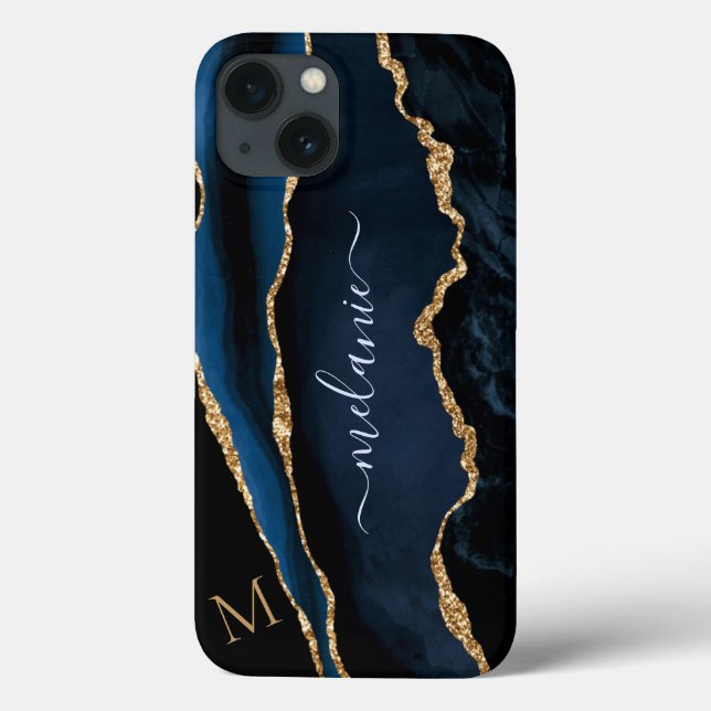 Agate Navy Blue Gold Marmor Monogram iPhone Case (Back)
