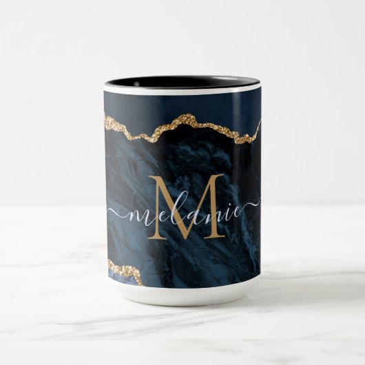 Agate Navy Blue Gold Marmor Monogram Name Tasse (Zentrum)
